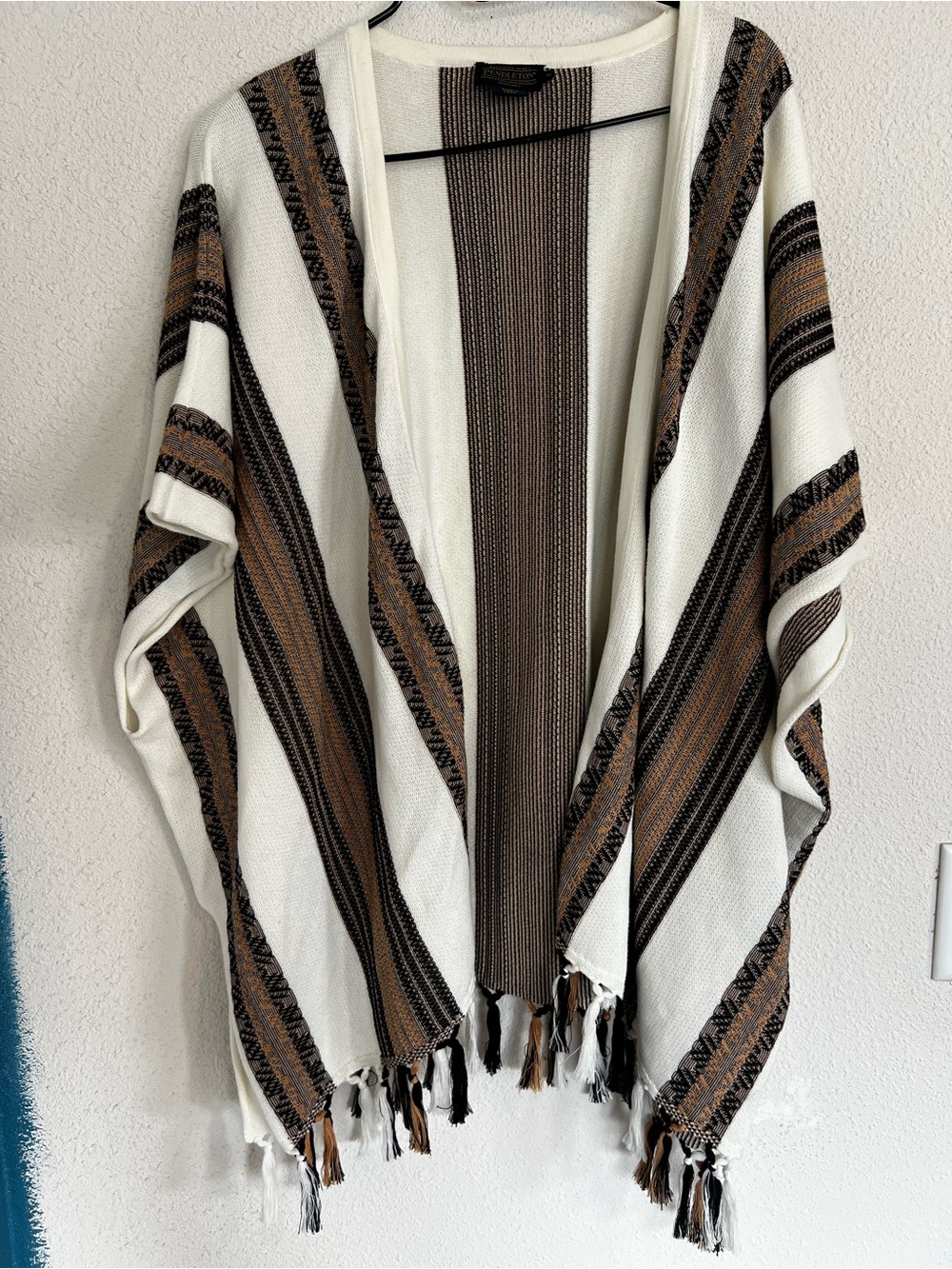 Pendleton Women's Cream Brown/Black Stripe Pima Cotton Open Front Poncho Size M
